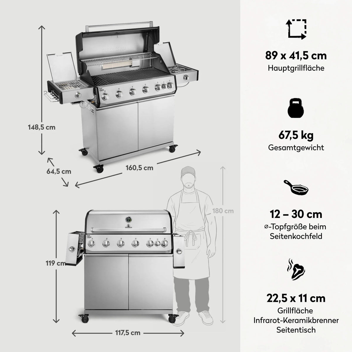 Burnhard Fat FRED Deluxe Gasgrill 6-Brenner Edelstahl mit Gusseisenrost Series 4, Grillrost aus Gusseisen, Detailansicht 3