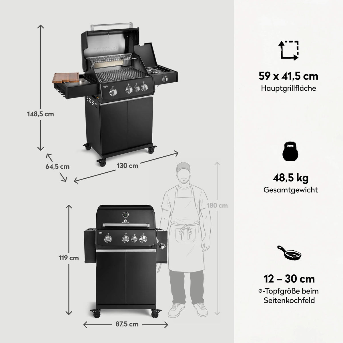 Burnhard FRED Deluxe Gasgrill 3-Brenner Black Edition mit Edelstahlrost Series 4, Grills, Detailansicht 3