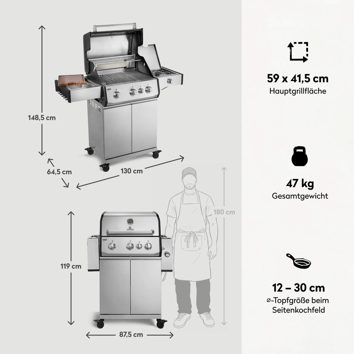 Burnhard FRED Deluxe Gasgrill 3-Brenner Edelstahl mit Gusseisenrost Series 4, Grillrost aus Gusseisen, für 1, Detailansicht 4