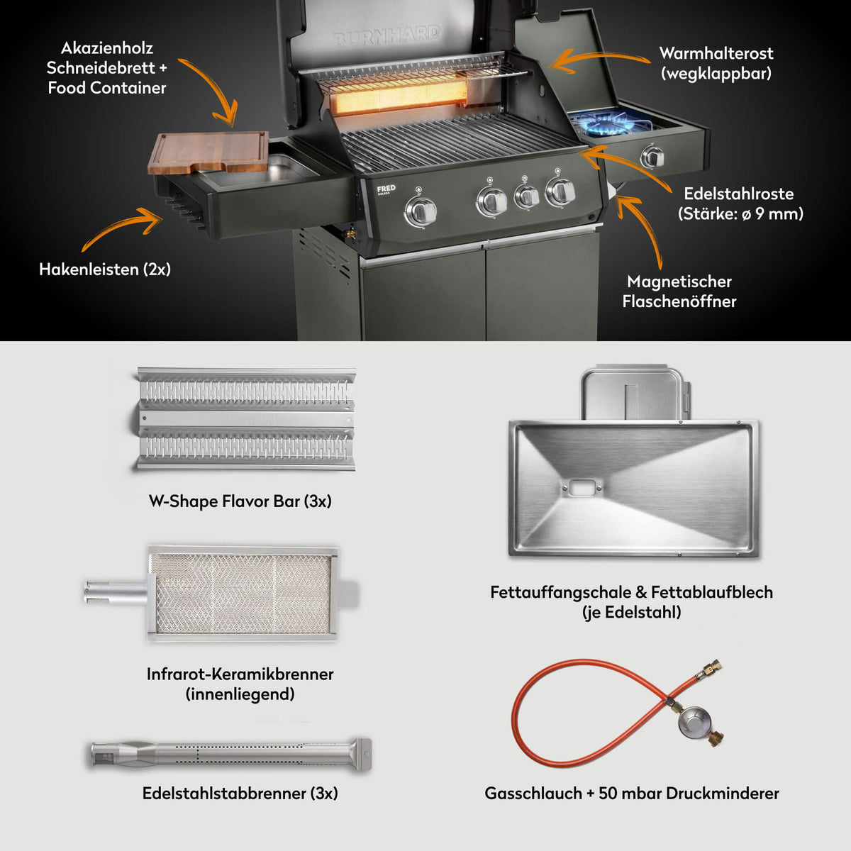Burnhard FRED Deluxe Gasgrill 3-Brenner Edelstahl mit Gusseisenrost Series 4, Grillrost aus Gusseisen, für 1, Detailansicht 3