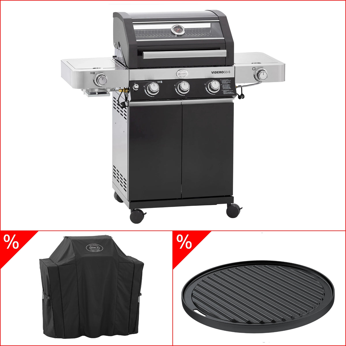 Rösle Videro G3-S Vario+ schwarz inkl. Abdeckhaube & Grillplatte rund, Grillbundle