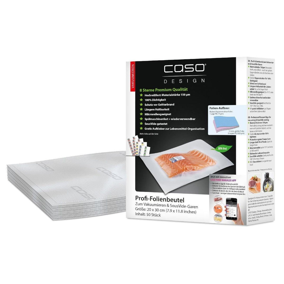 CASO 8-Sterne Profi-Folienbeutel 20 x 30 cm – 50 Vakuumierbeutel, 150 μm, Vakuumierzubehör