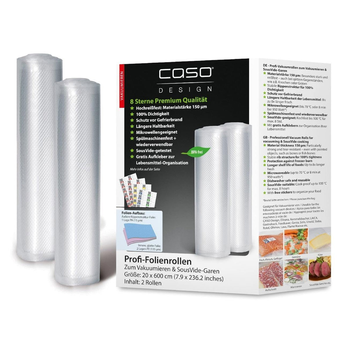 CASO Profi-Folienrollen 20 x 600 cm – 2 Vakuumierrollen, 150 μm, zuschneidbar, Vakuumierzubehör