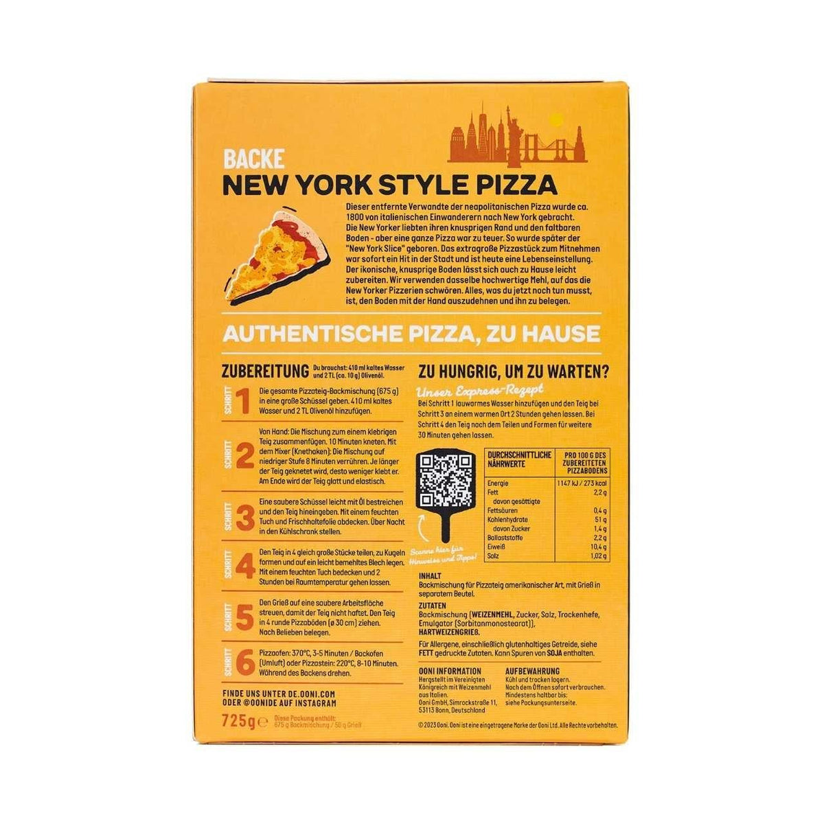 Ooni Backmischung New York Style Pizza - Verpackungsrückseite