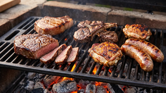 Steak, Kotelett, Lammkoteletts, Hähnchenschenkel und Bratwürste auf dem Holzkohlegrill