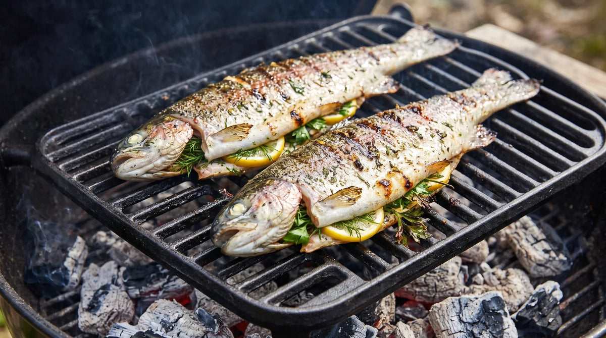 Zwei gegrillte Forellen mit Zitrone und Kräutern auf dem Holzkohlegrill