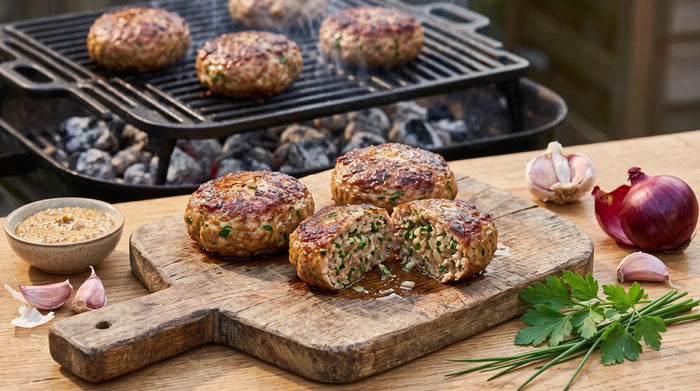 Kräuter-Frikadellen vom Grill auf einem Holzbrett, daneben Senf, Zwiebel und Knoblauch