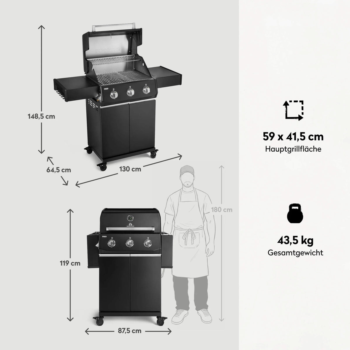 Burnhard FRED Base Gasgrill 3-Brenner mit Edelstahlrost Series 4, Grillrost aus Edelstahl, für 1 - 10, Detailansicht 3
