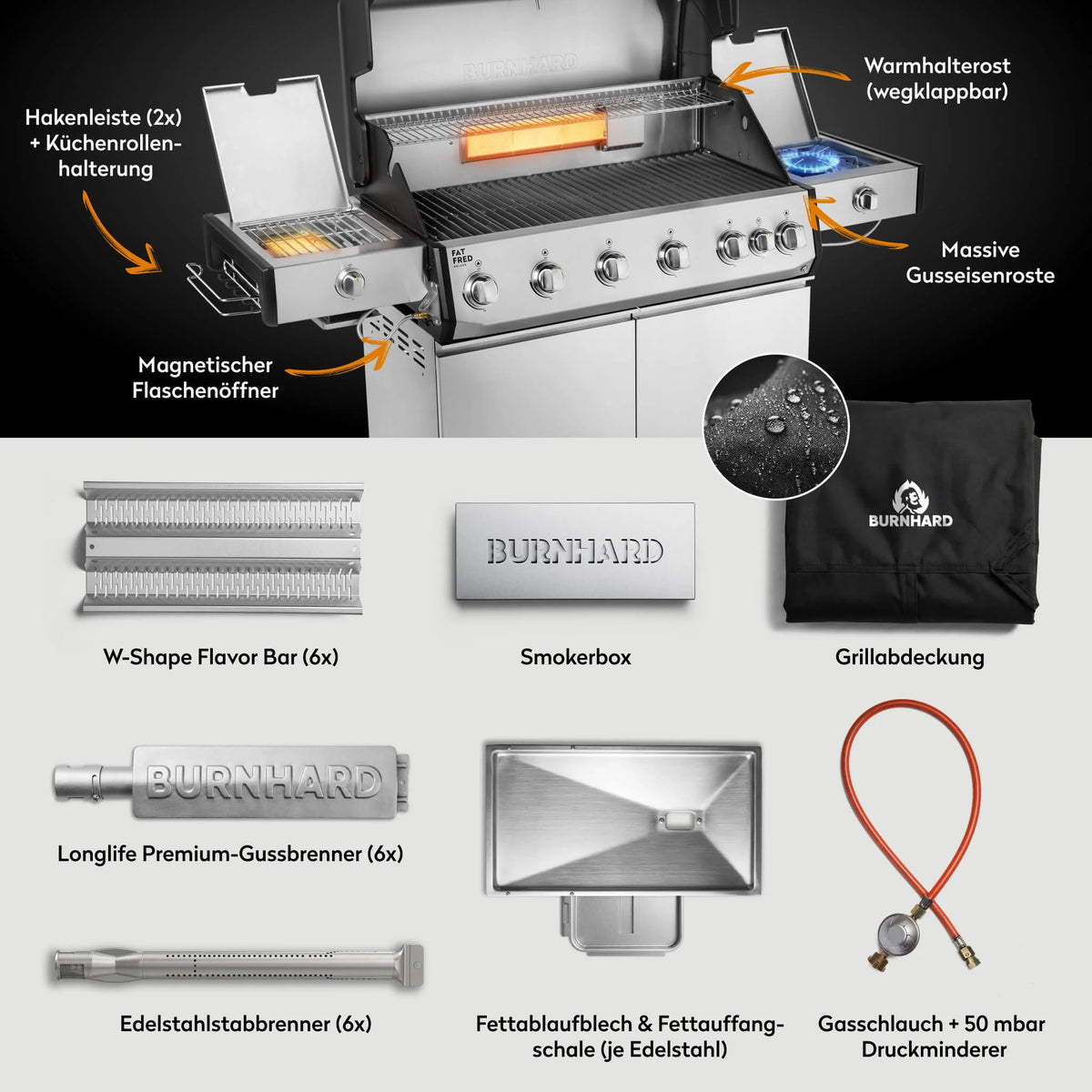 Burnhard Fat FRED Deluxe Gasgrill 6-Brenner Edelstahl mit Gusseisenrost Series 4, Grillrost aus Gusseisen, Detailansicht 2