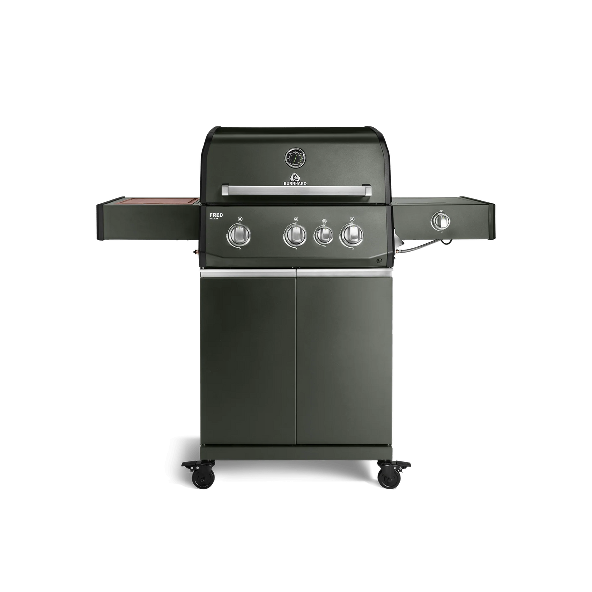 Burnhard FRED Deluxe Gasgrill 3-Brenner Green Edition mit Gusseisenrost Series 4, Grillrost aus Gusseisen, für 1 - 10
