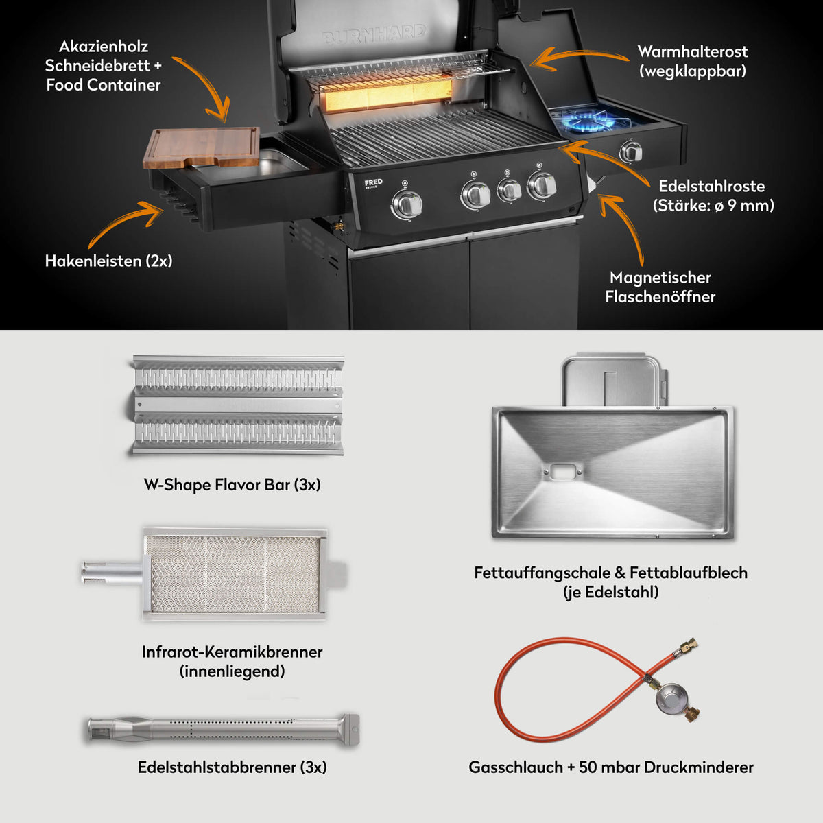 Burnhard FRED Deluxe Gasgrill 3-Brenner Black Edition mit Edelstahlrost Series 4, Grills, Detailansicht 2
