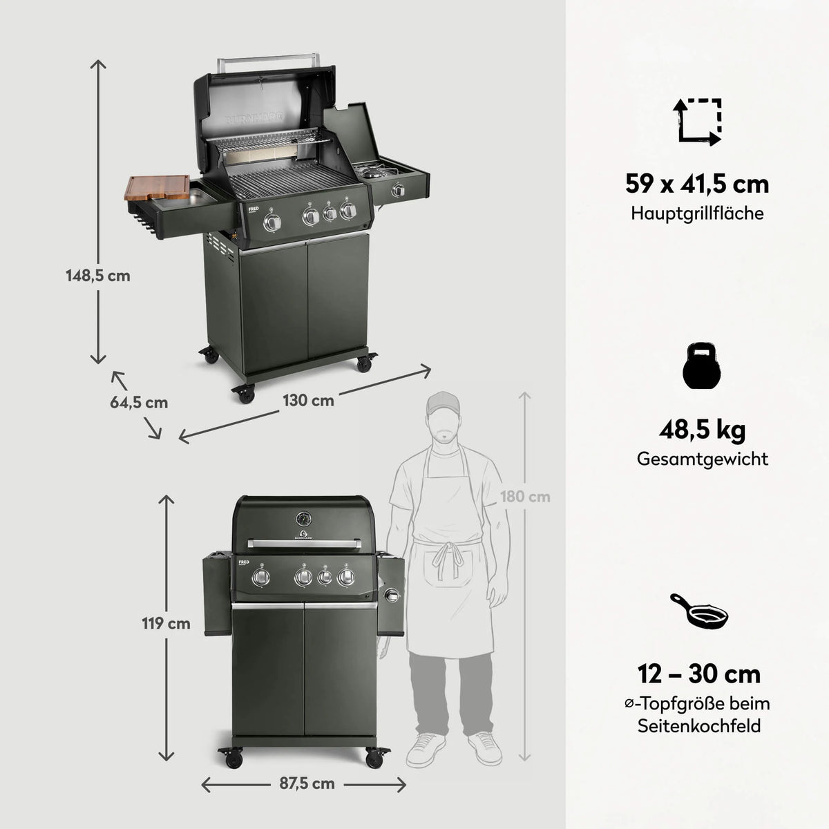 Burnhard FRED Deluxe Gasgrill 3-Brenner Green Edition mit Gusseisenrost Series 4, Grillrost aus Gusseisen, Detailansicht 3