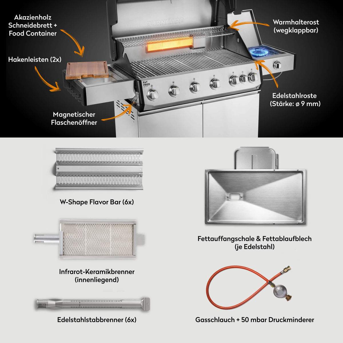 Burnhard Fat FRED Deluxe Gasgrill 6-Brenner Edelstahl mit Edelstahlrost Series 4, Grillrost, für 1 - 20, Detailansicht 2
