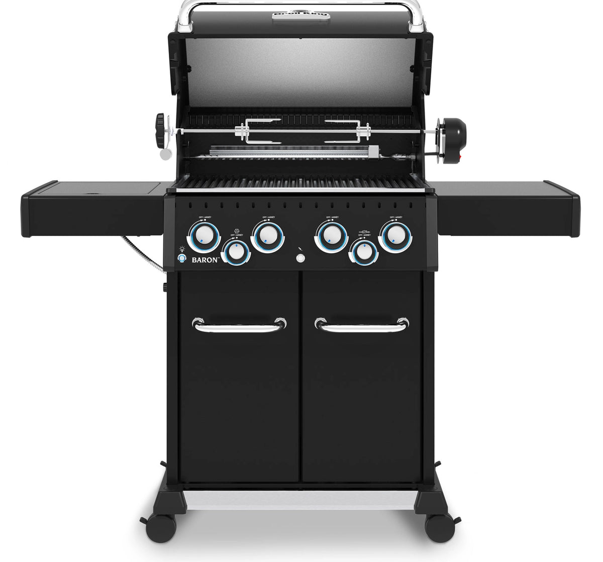 Frontansicht mit offenem Deckel: Baron 490 IR Shadow von Broil King inkl. Rotisserie &amp; Infrarot-Seitenbrenner