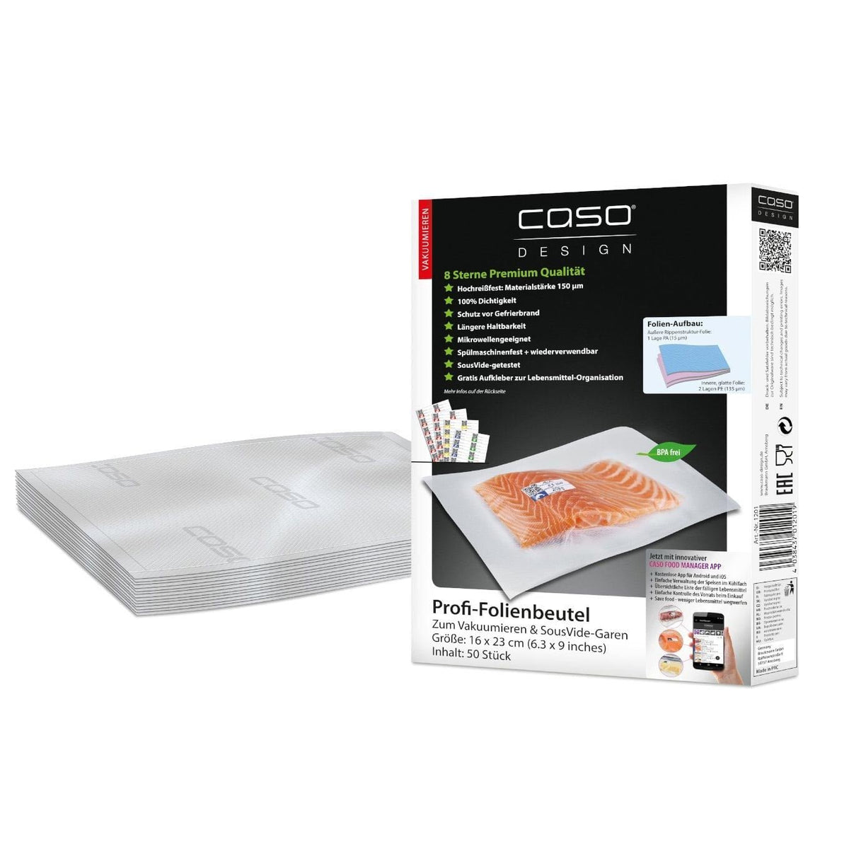 CASO 8-Sterne Profi-Folienbeutel 16 x 23 cm – 50 Vakuumierbeutel, 150 μm, Vakuumierzubehör