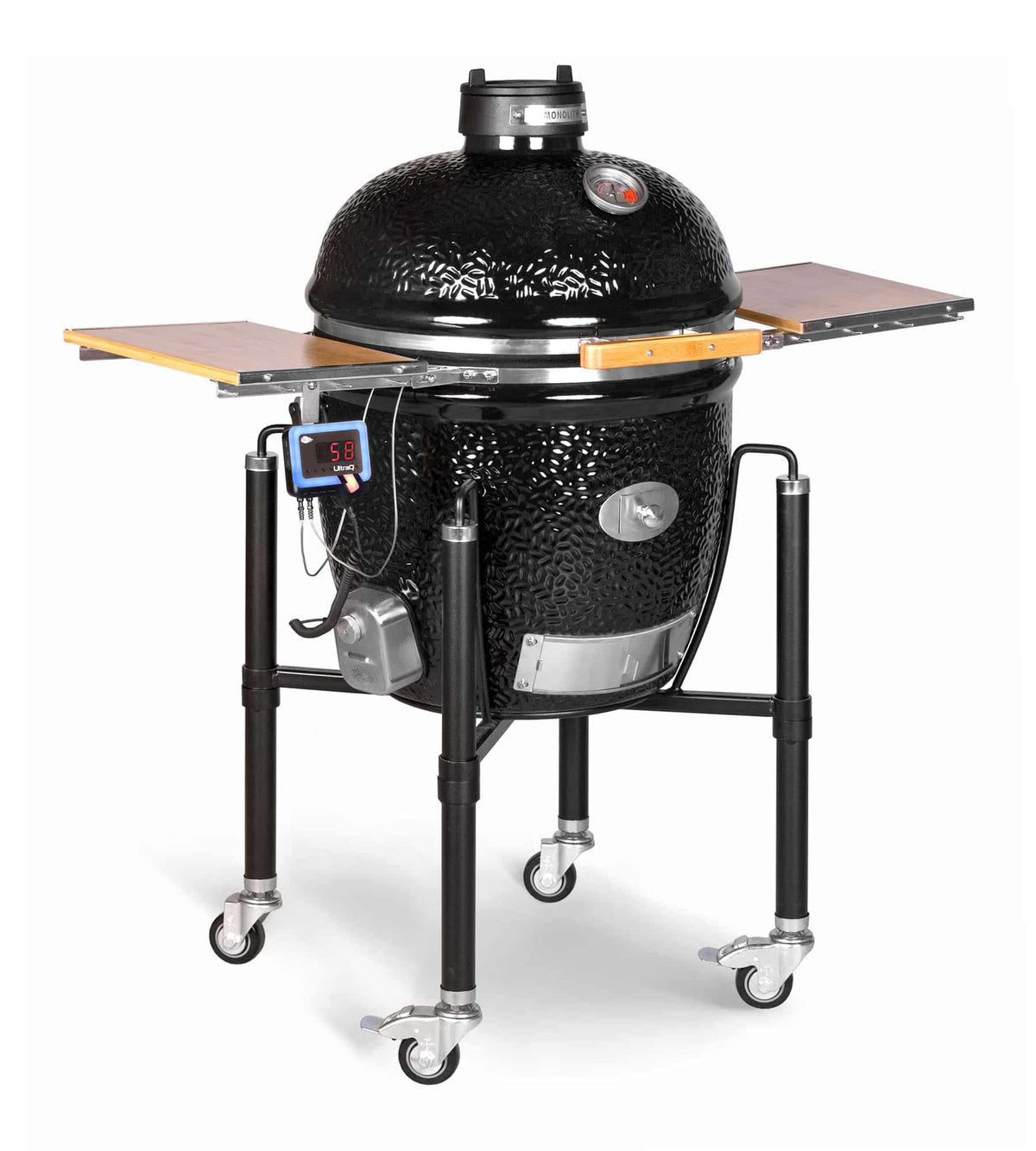 Monolith Grill Classic BBQ Guru Pro 2.0, Schwarz mit Gestell und Seitentischen